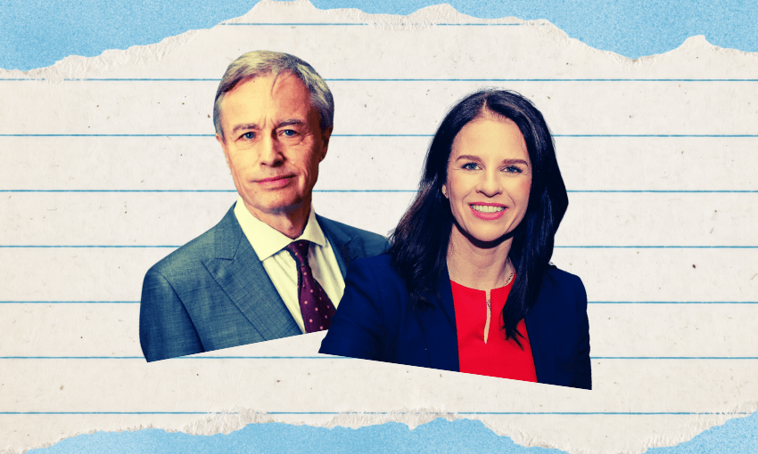 Chief ombudsman John Allen and minister of education Erica Stanford. (Photos: supplied. Design: The Spinoff)