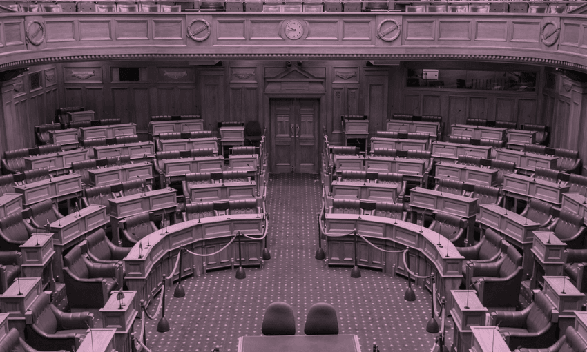 New Zealand parliament, empty. (Design: The Spinoff)