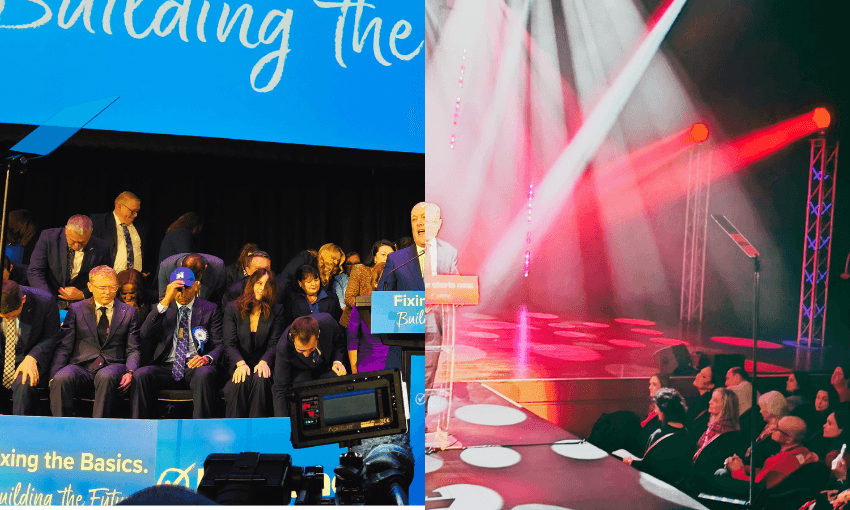The Chrises at their election campaign launches. (Photos: Joel MacManus / The Spinoff)