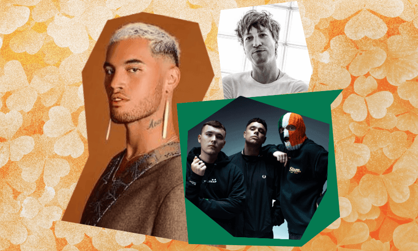 A collage featuring a serious-looking man with bleached hair, a black and white photo of a person in a white shirt, and three men in dark hoodies, one wearing an orange and green mask, against a backdrop of heart shapes.