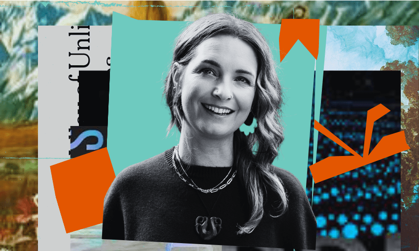 A black and white photo of the writer Terri Te Tau in front of a collaged background of shapes and colour.