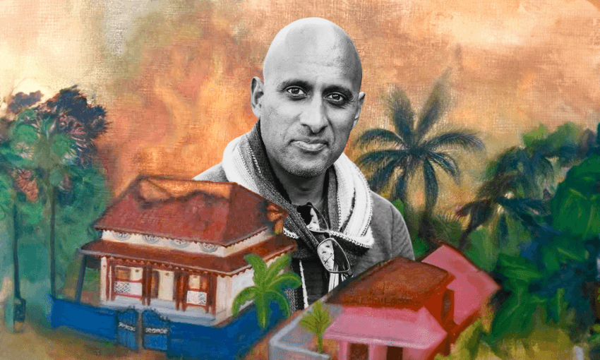A composite image using a painting of buildings in Sri Lanka and collaging with a black and white image of the author of the book the paintings adorn the cover of - Brannavan Gnanalingam.