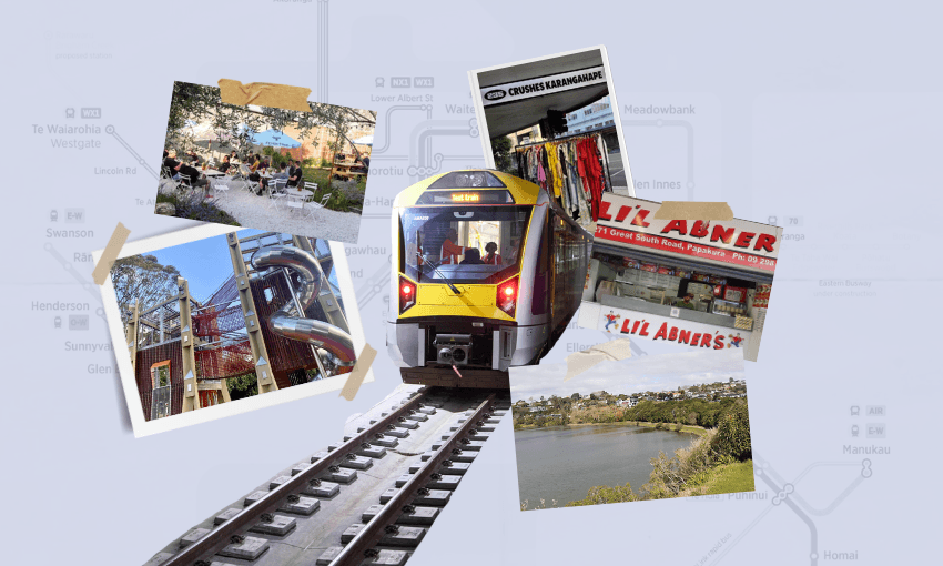 A passenger train on tracks is surrounded by photos of an outdoor café, water slides, a clothing shop, a diner named “Lil Abner,” and a lake, all with a faint city map in the background.