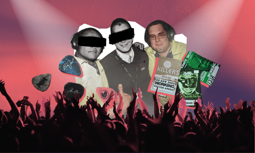 Darryl Butler (right) spent 15 years as a concert and event security guard. (Design: Emily Wong/The Spinoff)