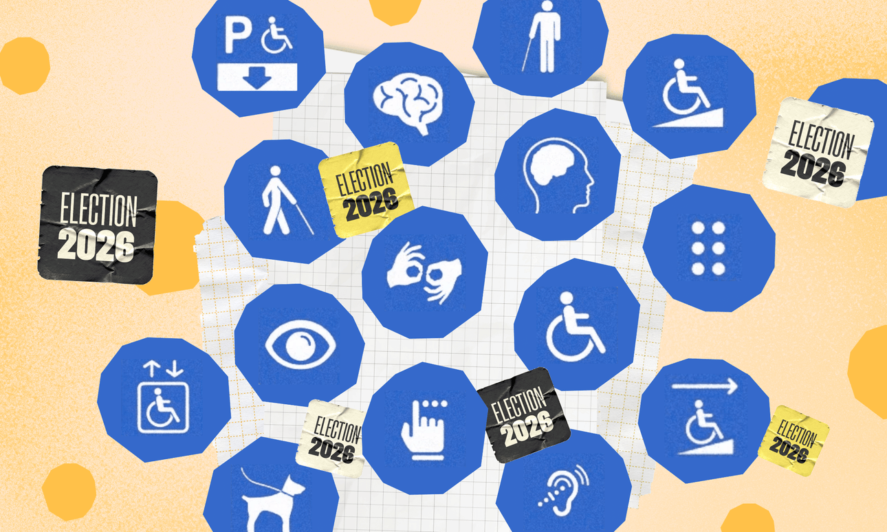 Blue disability and accessibility icons, such as a wheelchair, cane, ear, braille, and guide dog, are overlaid with several “Election 2026” stickers on a yellow patterned background.