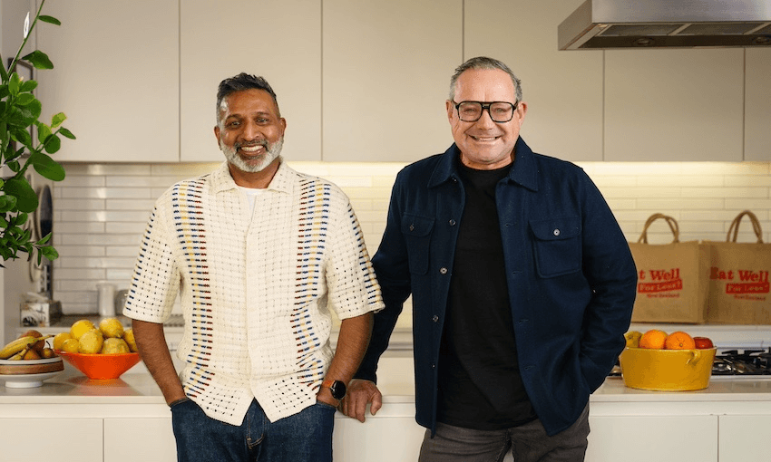 Food educator Ganesh Raj and chef Michael Van de Elzen present the new season of Eat Well For Less NZ (Photo: TVNZ) 
