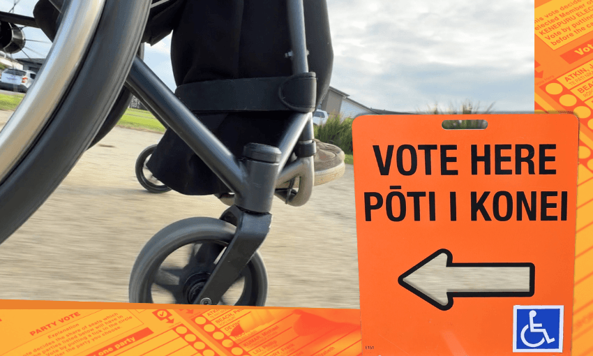 A person in a wheelchair moves along a path. Beside them is an orange sign reading “VOTE HERE PŌTI I KONEI” with a left arrow and accessible symbol, over a background of voting papers.
