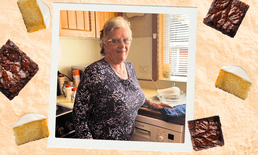 Ann Stanaway in her kitchen in Paeroa. (Photo: Supplied. Image design: Tina Tiller/The Spinoff) 
