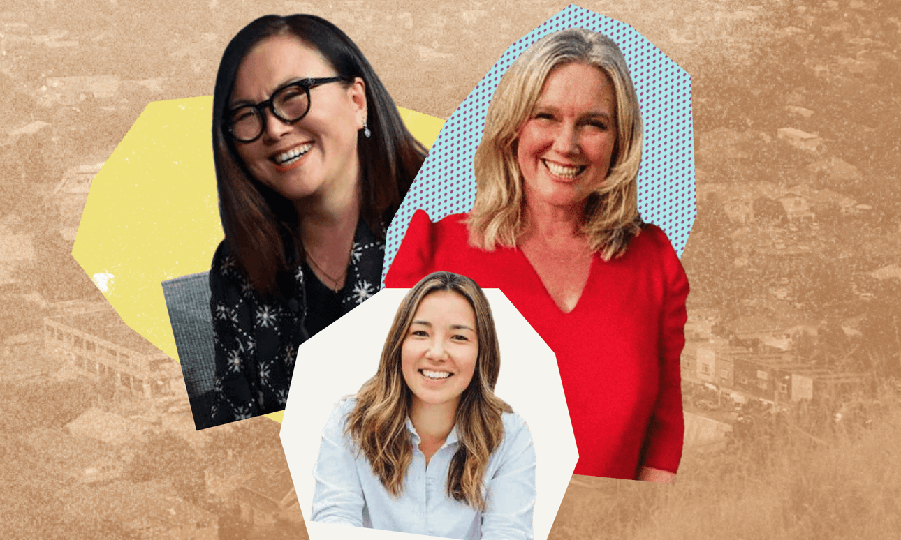 Three smiling women are shown in separate cut-out shapes against a textured background, one wearing glasses and black, one in red, and one in white, all looking at the camera.