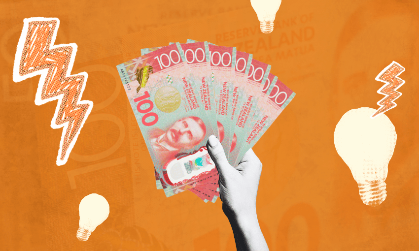 A hand holding several New Zealand 100-dollar bills against an orange background with illustrated light bulbs and lightning bolts.