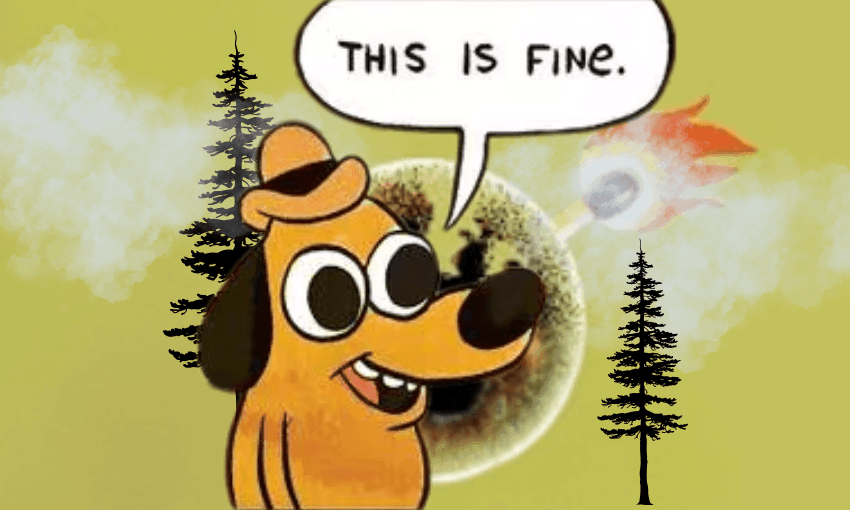 A cartoon dog with a hat says “THIS IS FINE” while a forest fire blazes and smoke billows behind, with a large eye partly visible in the background.