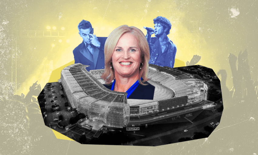 Louise Upston's head popping out of a stadium, with singers behind her