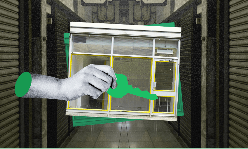 A collage of a hand holding a green key, overlapping a small storefront with yellow trim, set against a hallway with closed metal shutters.