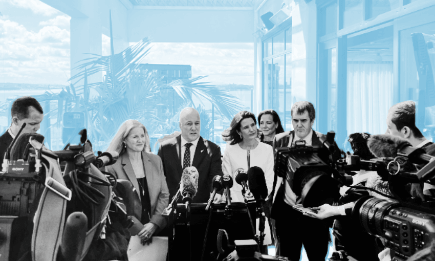 Louise Upston, Christopher Luxon, Nicola Willis and Chris Bishop on September 8, 2026 at the Sudima Hotel, Auckland. (Photo: Veronica Schmidt/The Spinoff, design: The Spinoff) 
