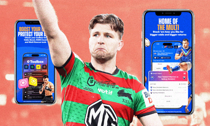 A rugby player in a red and green jersey raises his arm. Behind him are two smartphones displaying sports betting apps with promotional graphics and text.