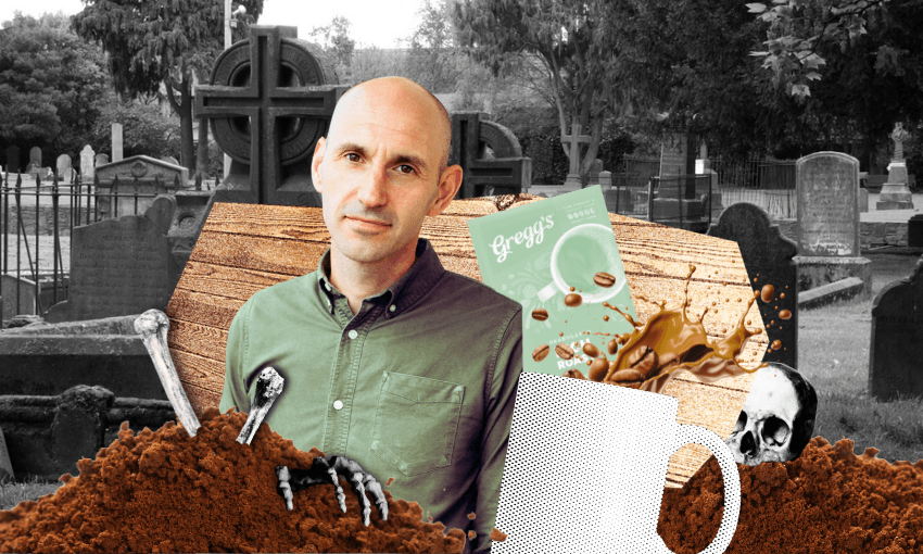 A collage that includes a black and white photo of a cemetery; mounds of instant coffee, a coffee mug spilling over; bones; and a photo of writer John Summers.