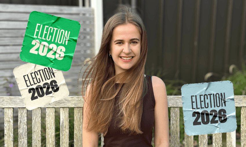 A young woman with long hair smiles while sitting on a bench, with “Election 2026” signs in green, white, and blue colors digitally added around her.