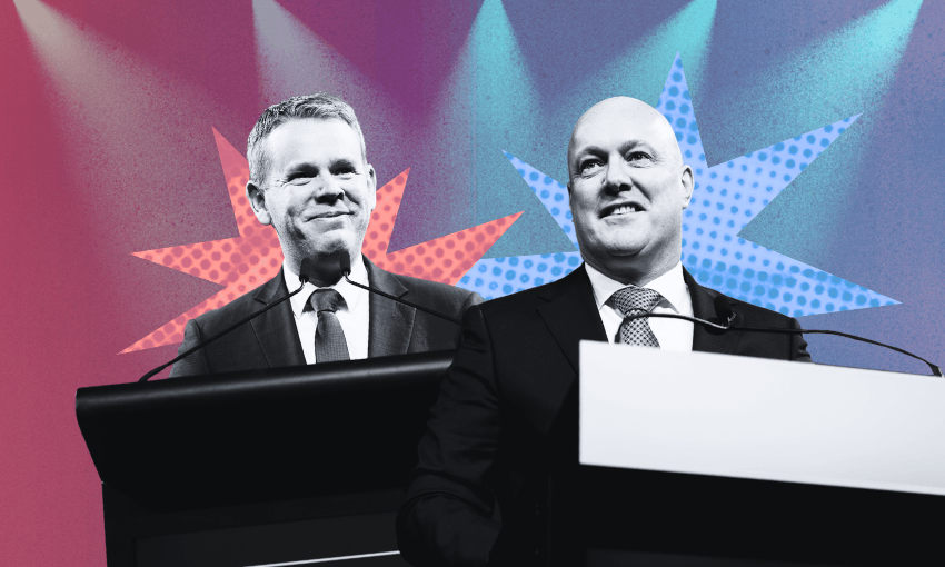 Labour and National held their campaign launches on the same day in Auckland. (Image: Getty Images/The Spinoff) 
