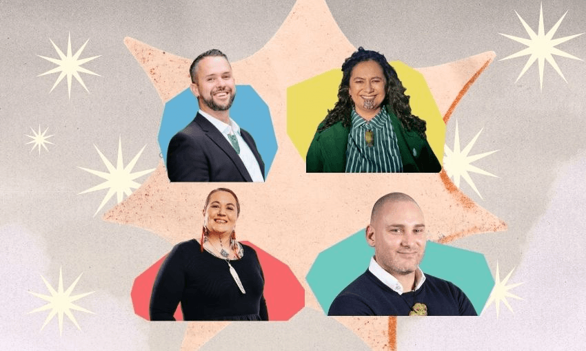 Te Tai Tonga candidates Tākuta Ferris (top left), Lisa Te Morenga (top right), Lisa Marie Murch (bottom left) and Mananui Ramsden. (Photos: Facebook. Design: The Spinoff). 
