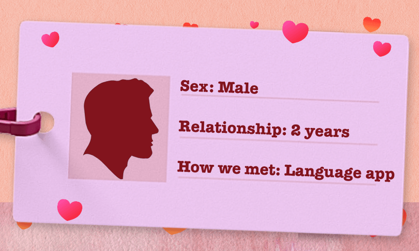 fake pink ID card showing a man in a relationship of two years who met his partner on a language app