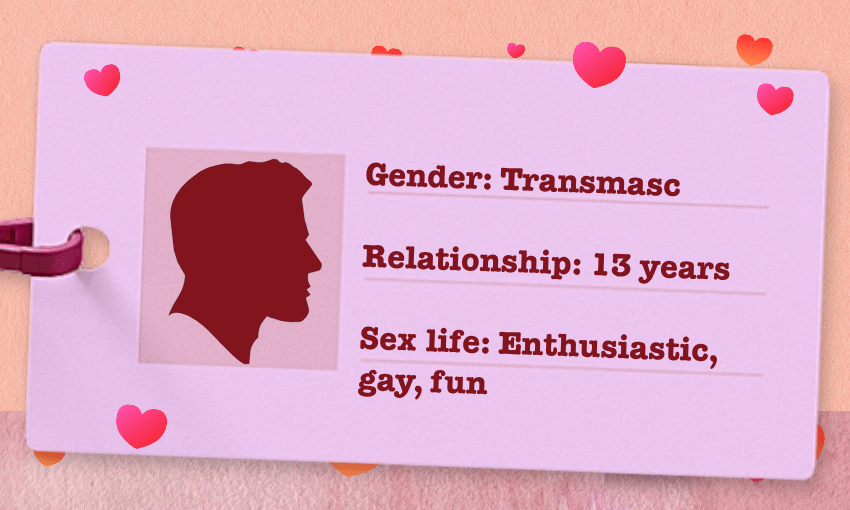 pink fake ID showing a transmasc person in a relationship for 13 years with a sex life that is enthusiastic, gay and fun