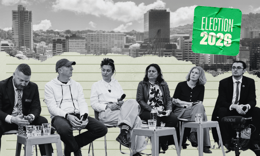 Johnathan Pitts, Nigel Elder (councillor, not candidate), Tamatha Paul, Ayesha Verrall, Jessica Hammond and Taylor Arneil. (Photo: Lyric Waiwiri-Smith)