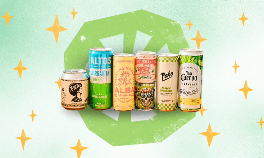 Six colorful canned margarita drinks stand in a row against a light green and star-patterned background. Each can features distinct branding and designs.