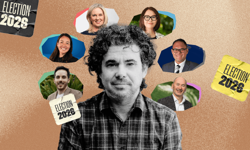 Toby Manhire surrounded by the Mt Albert electorate candidates