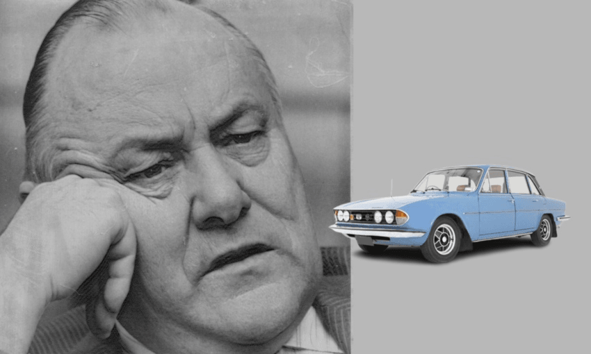 Robert Muldoon in 1981, alongside a Triumph 2500 similar to his, except with air in all its tyres. Photo: Ronald Leslie Stewart/Fairfax Media via Getty Images