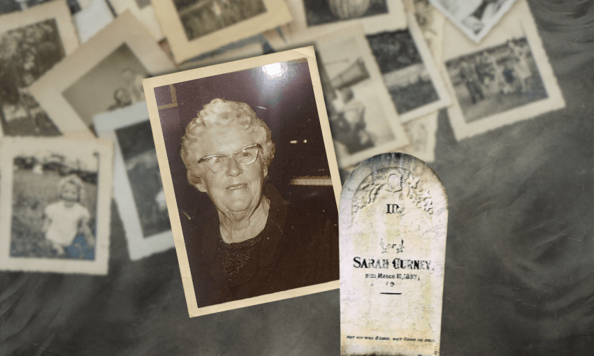 A picture of Rebecca Jayde's great grandmother and the gravestone of her great great great grandmother