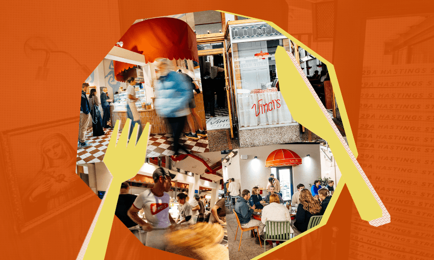 Collage of a busy restaurant with people dining, staff serving food, and a red-and-white awning. Yellow fork and knife graphic overlay on an orange background.
