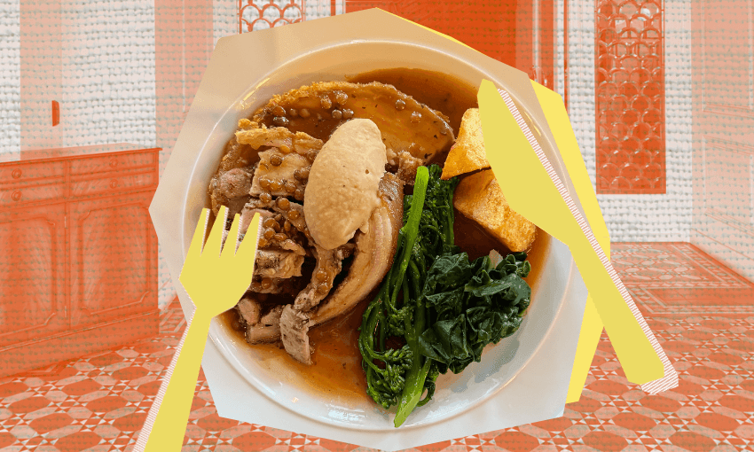 A white bowl of braised pork with tofu, leafy greens, and brown sauce on a plate. Yellow cartoon fork and knife appear to hold the bowl, with an orange patterned background.