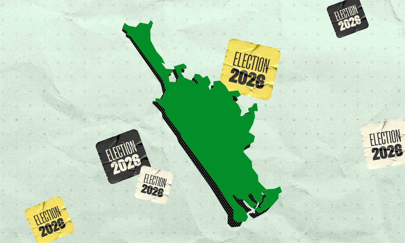 A green map of a region is surrounded by election-themed stickers labeled “Election 2026” against a light textured background.