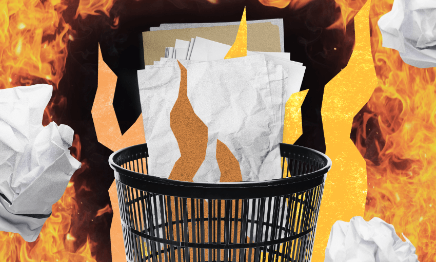Crumpled papers and folders in a trash bin, surrounded by flames and burning shapes, suggesting destruction or discarding of documents.
