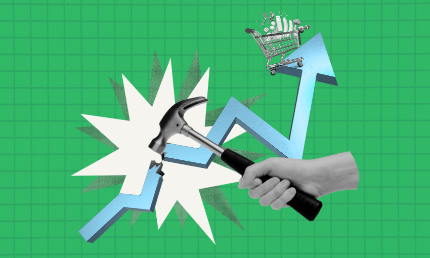 A hand holding a hammer breaks a rising blue arrow with a shopping cart on top, against a green grid background.