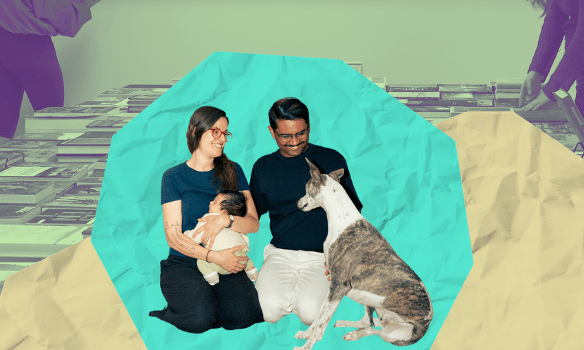 A photo of a couple: one is holding a baby and the other is stroking a dog. Behind them are textured, coloured shapes.