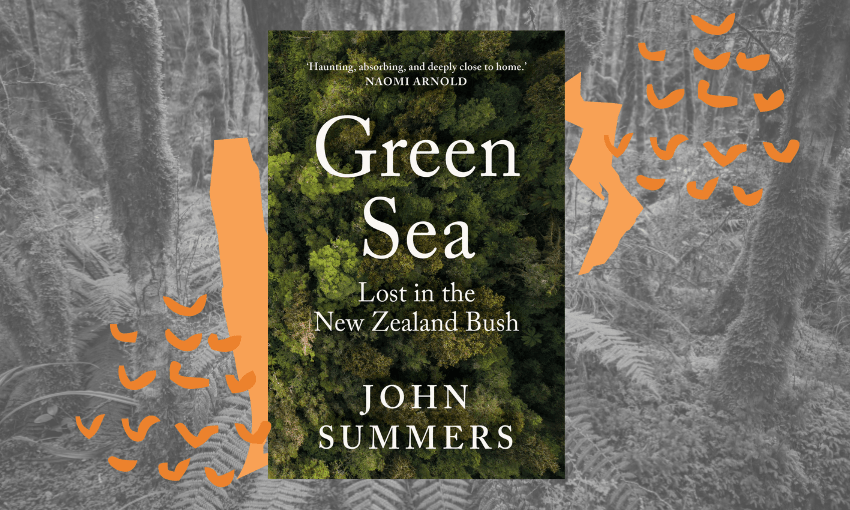 A black and white photo of dense bush with the cover of Green Sea by John Summers overlaid, with orange graphic shapes between.