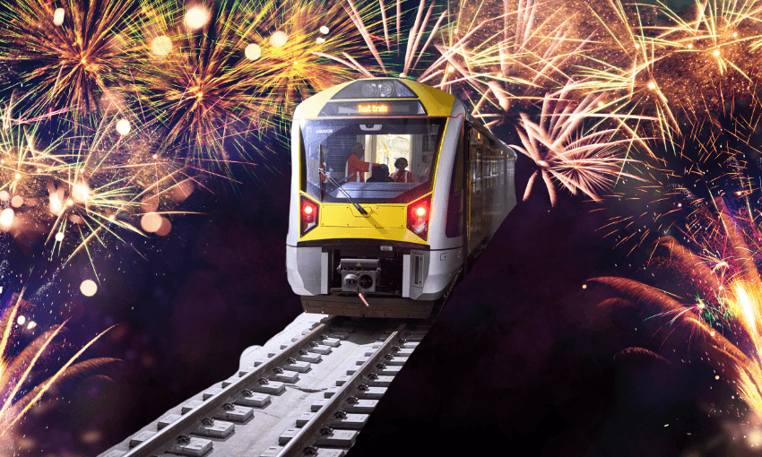 Fictional celebratory fireworks for the opening of the CRL, not a recreation of the fire on its opening day. (Design: The Spinoff) 

