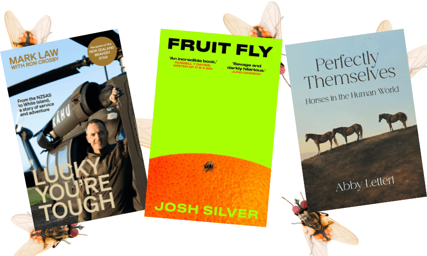 Three books wonkily placed with a wallpaper of flies behind them.