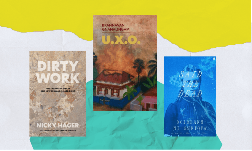 Three book covers arranged in a tripod shape with coloured textured shapes behind them.