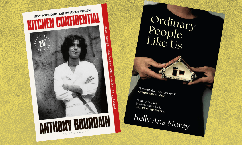 Two book covers with a mustard background.