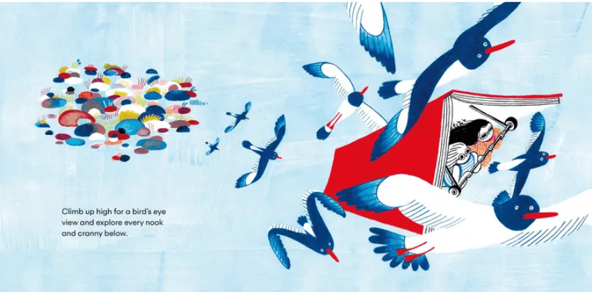 A double page spread from a picture book showing children using a large book like a hang glider.