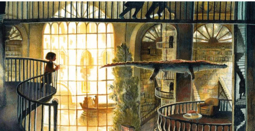 The inside of a picture book showing a girl in a light filled room with staircases, iron work and a crocodile suspended from the ceiling.