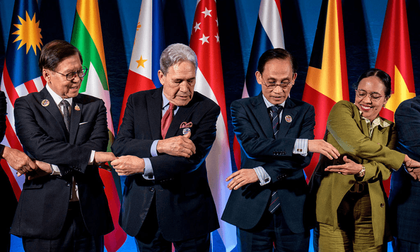 Foreign minister Winston Peters (second from left) on the job in the Philippines, July 2026 (Photo: Ezra Acayan/Getty) 
