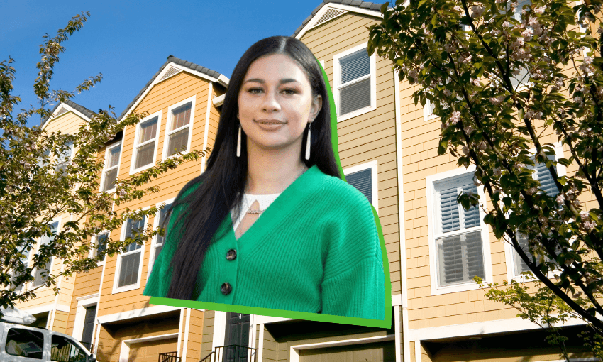 A woman wearing a green cardigan is digitally superimposed in front of yellow townhouses, with trees and a clear blue sky in the background.