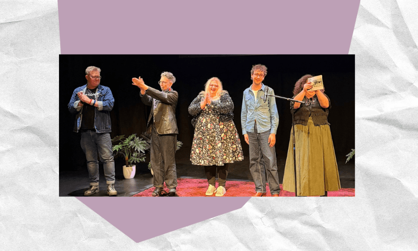 L-R: Simon Sweetman, Hinemoana Baker, Helen Rickerby, Jackson McCarthy, Nafanua Purcell Kersel at Verb’s Fever! Poetry Gala (Photo: Kirsten McDougall) 
