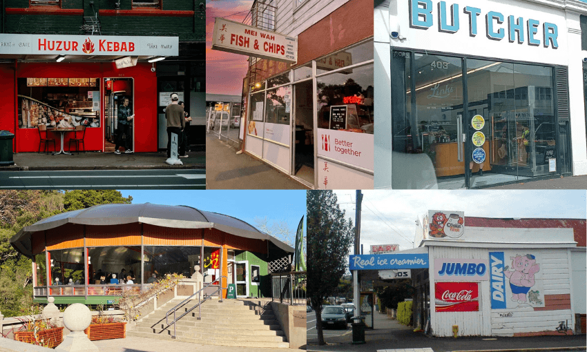 a collection of five colourful shopfronts in North Dunedin