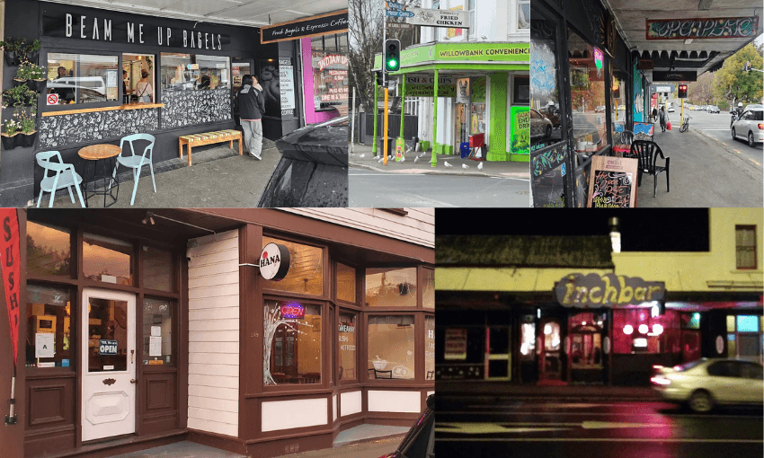 a collection of five colourful shopfronts in North Dunedin