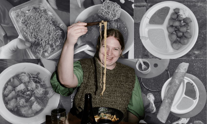 a black and white collage of mostly indian dishes with a colour image of a woman holding up look noodles with chopsticks