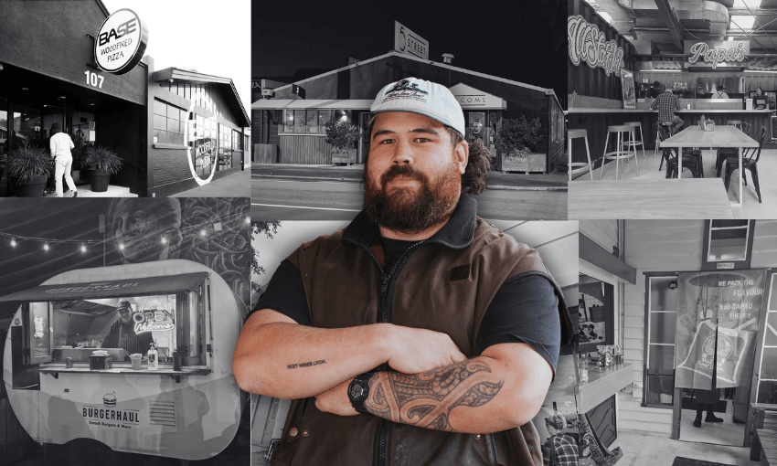 six black and white hospitality shopfronts in a collage with a colour portrait of a Māori man with a strong beard wearing a cap and crossing his arms